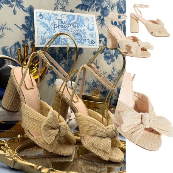 🆕 LOEFFLER RANDALL 🧿 NWOB Camellia Pleated Bow Heels, Cream Sparkle Mesh, Sz 7 - Picture 2 of 16